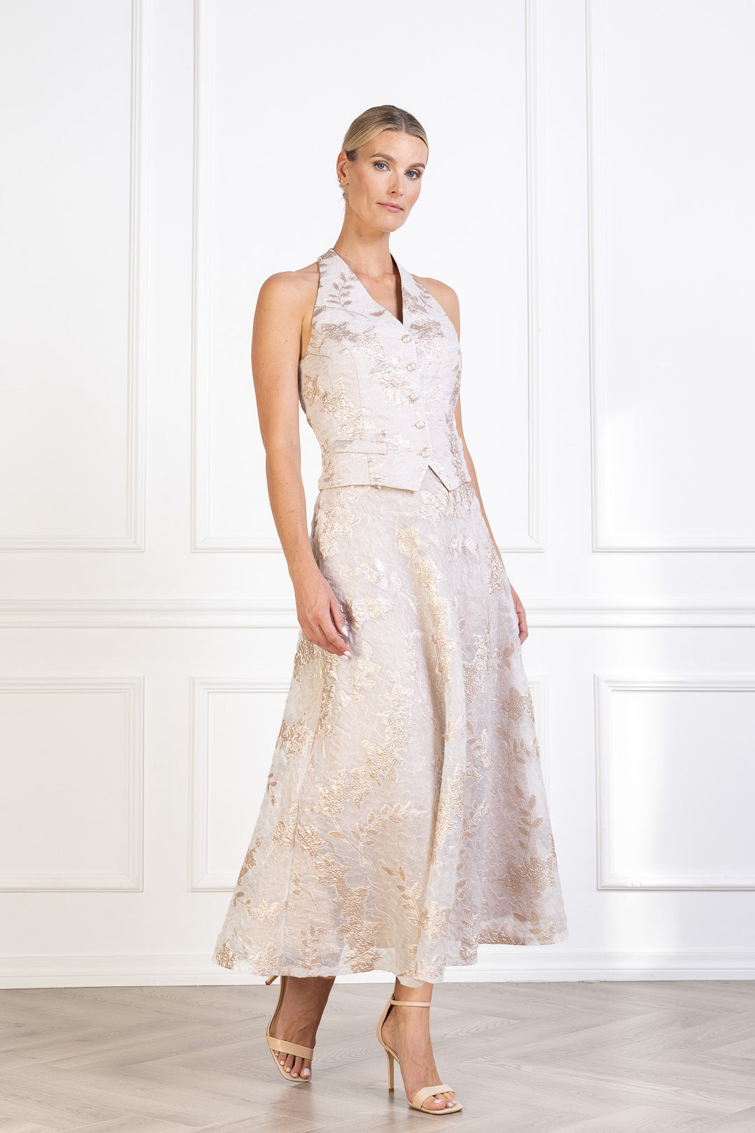 CARDARIA OFF WHITE AND ROSE GOLD JACQUARD OPEN BACK VEST