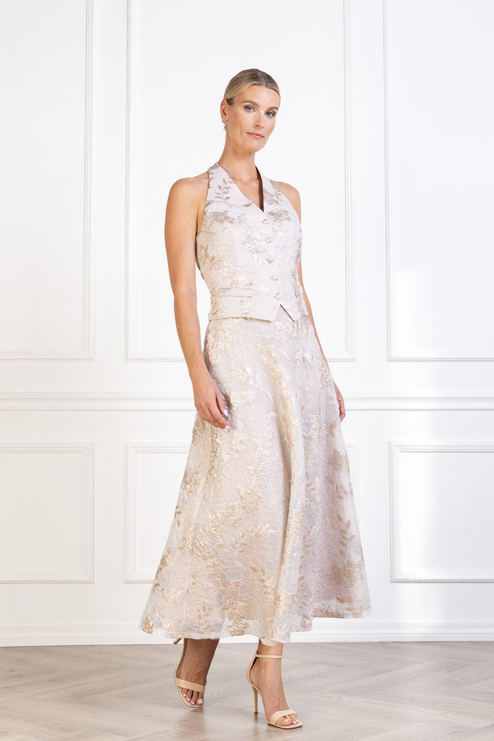 CARDARIA OFF WHITE AND ROSE GOLD JACQUARD OPEN BACK VEST
