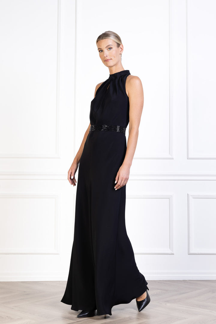 CLUSIANA BLACK SILK HALTER NECK SLIP DRESS WITH BOW DETAIL