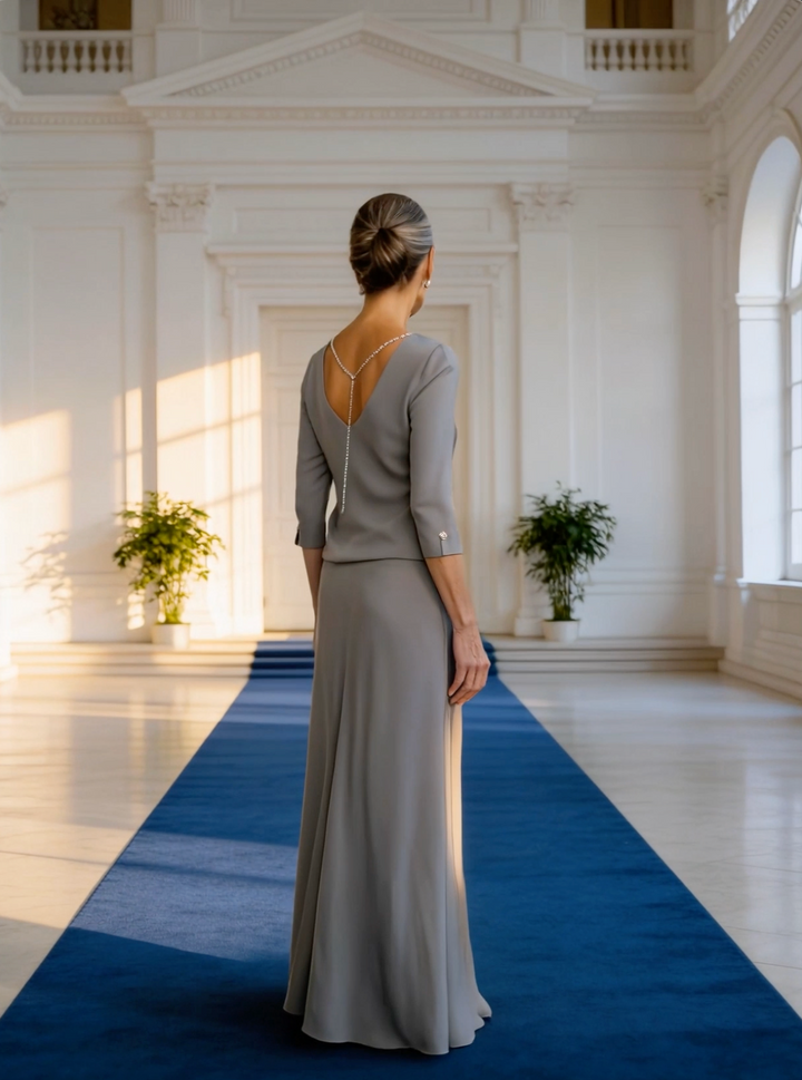 WIDDRINGTONIA GRAY SILK A-LINE GOWN WITH SLEEVES