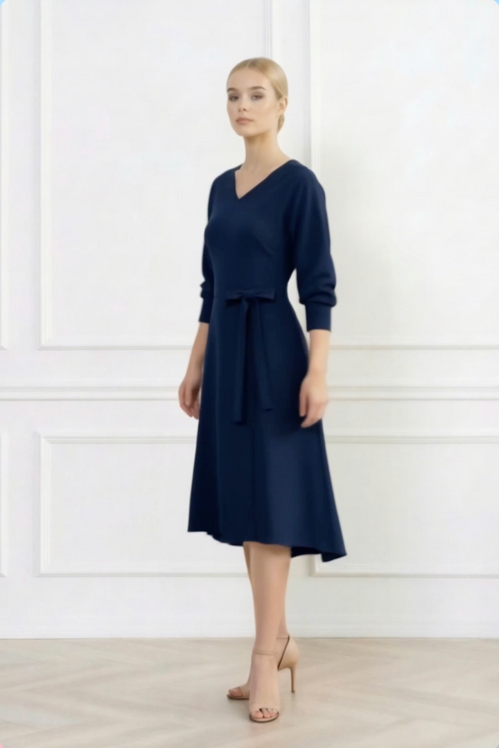 LEGAZPIA DARK BLUE WOOL CREPE KIMONO SLEEVE DRESS