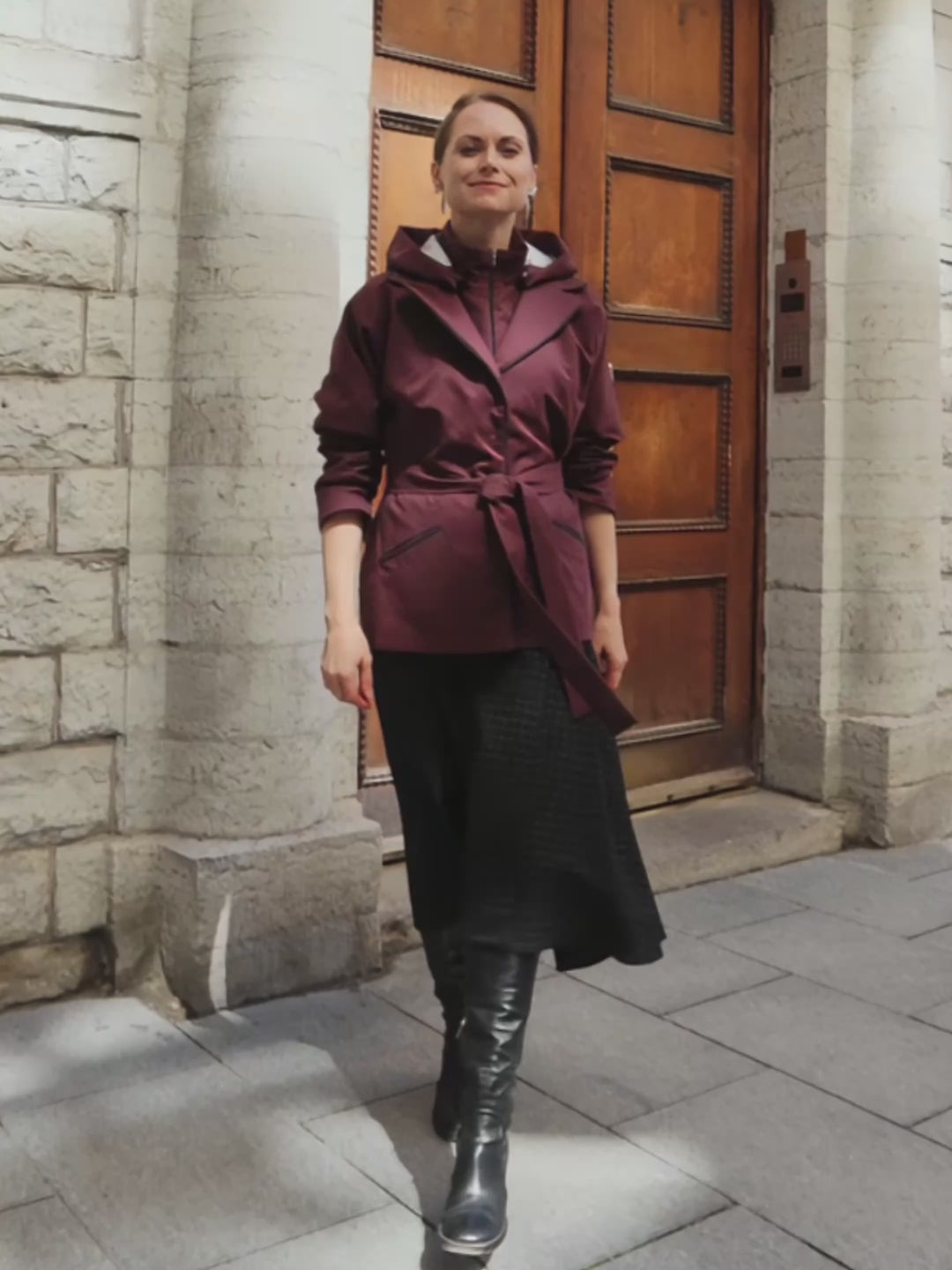 LISSANTHE MUTED PLUM BELTED TRENCH JACKET WITH REMOVABLE HOOD