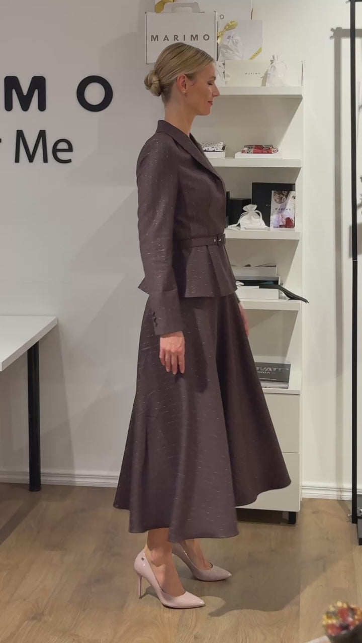 MAGNOLIA CHOCOLATE BROWN PINSTRIPE WOOL PEPLUM JACKET WITH BELT