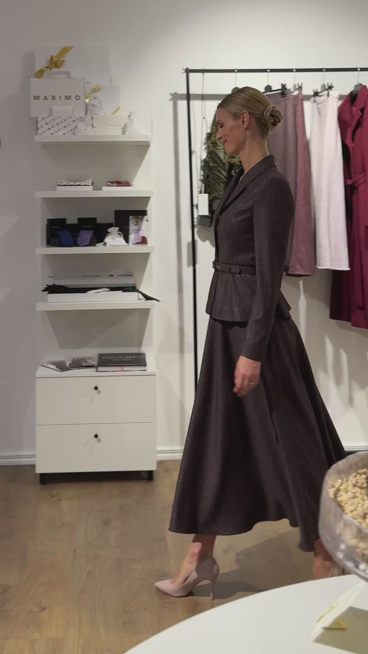 LACHENALIA CHOCOLATE BROWN PINSTRIPE WOOL A-LINE MIDI SKIRT