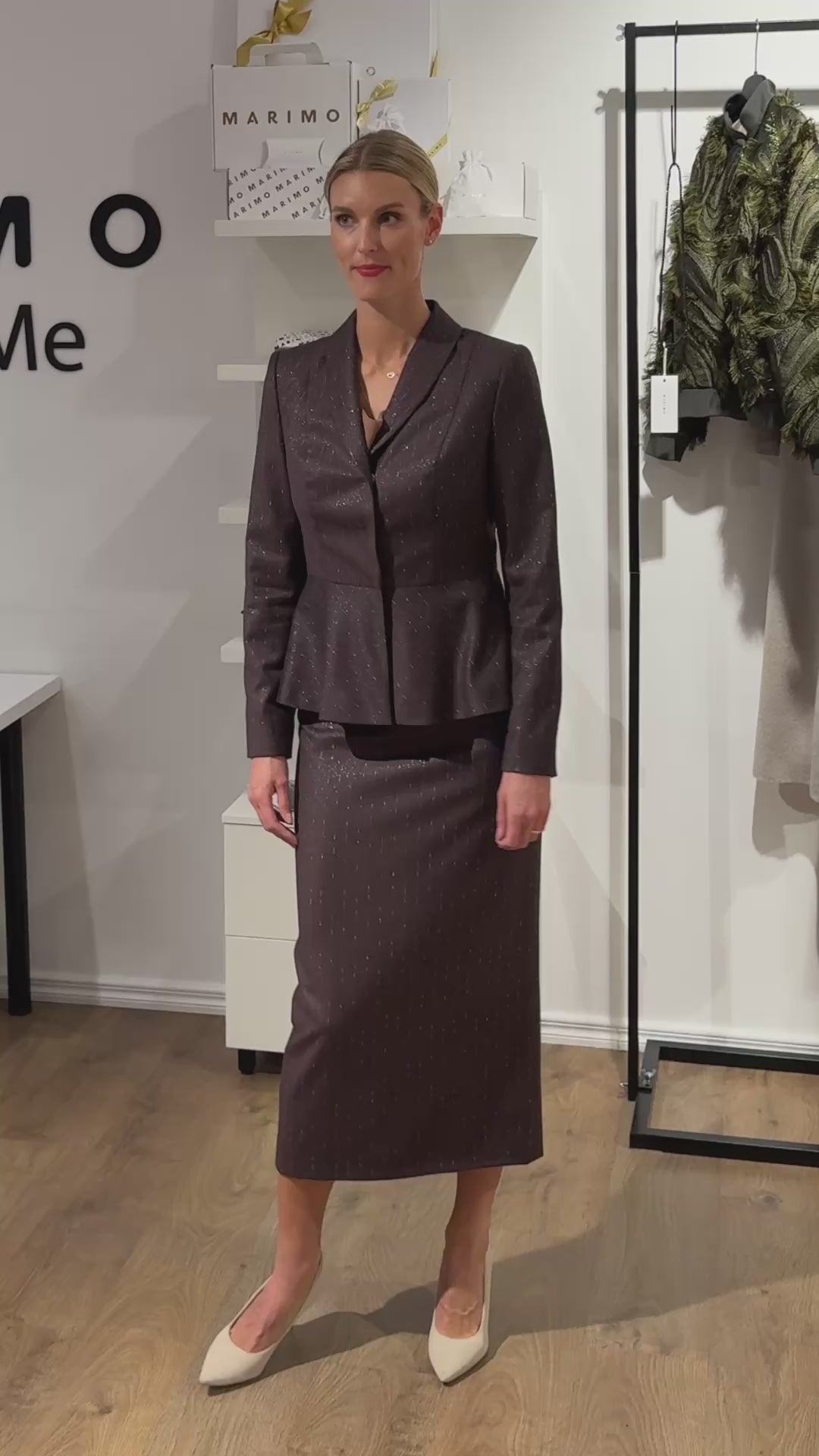 LAGETTA CHOCOLATE BROWN PINSTRIPE WOOL MIDI PENCIL SKIRT