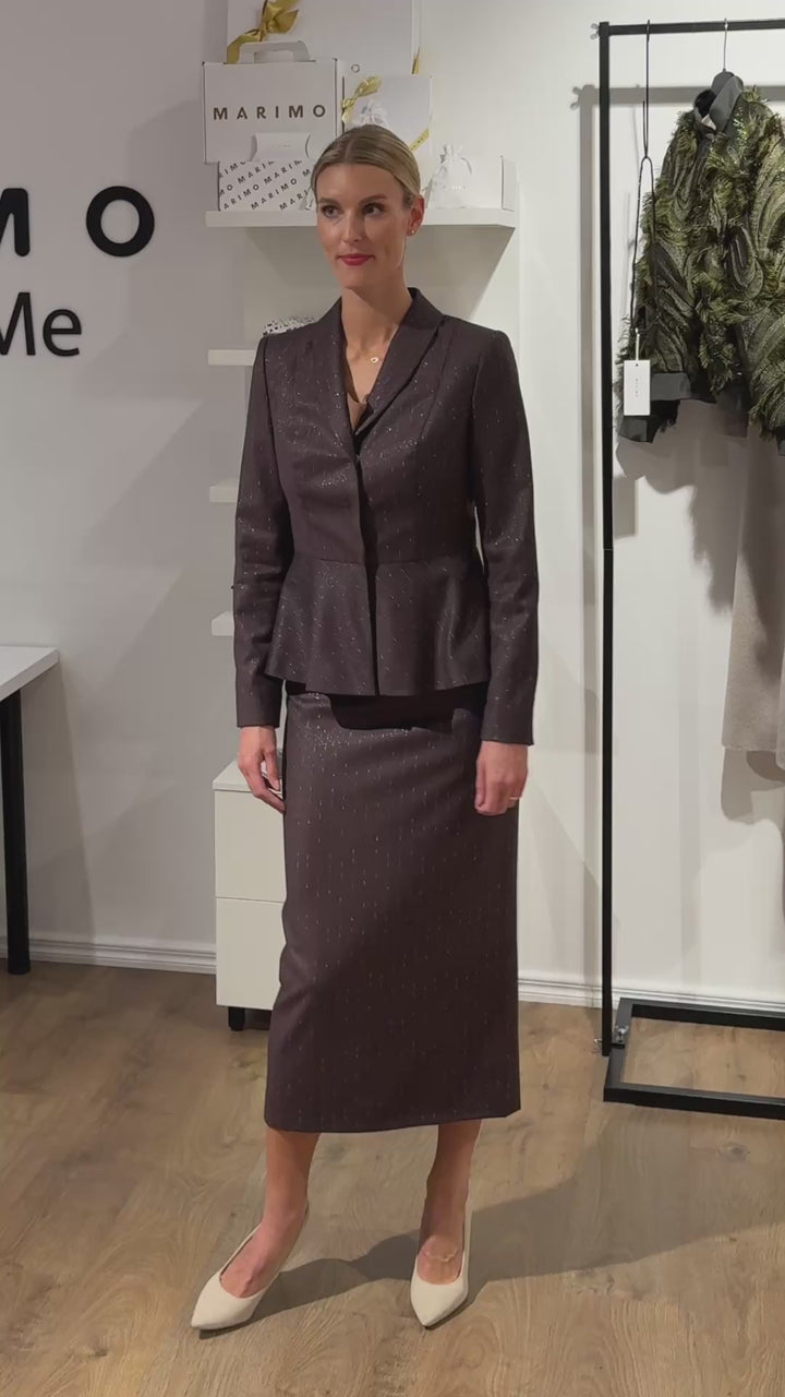 LAGETTA CHOCOLATE BROWN PINSTRIPE WOOL MIDI PENCIL SKIRT