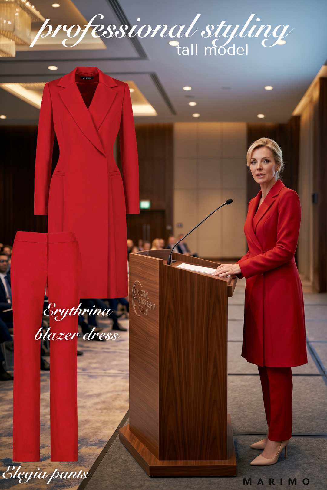 AI generated woman in a red suit with blazer dress standing at a podium with a red long blazer and pants displayed on the left.