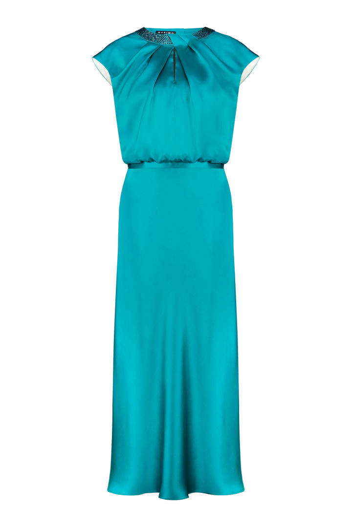 CLUSIA TEAL SILK SATIN MIDI DRESS WITH CRYSTAL EMBELLISHED NECKLINE