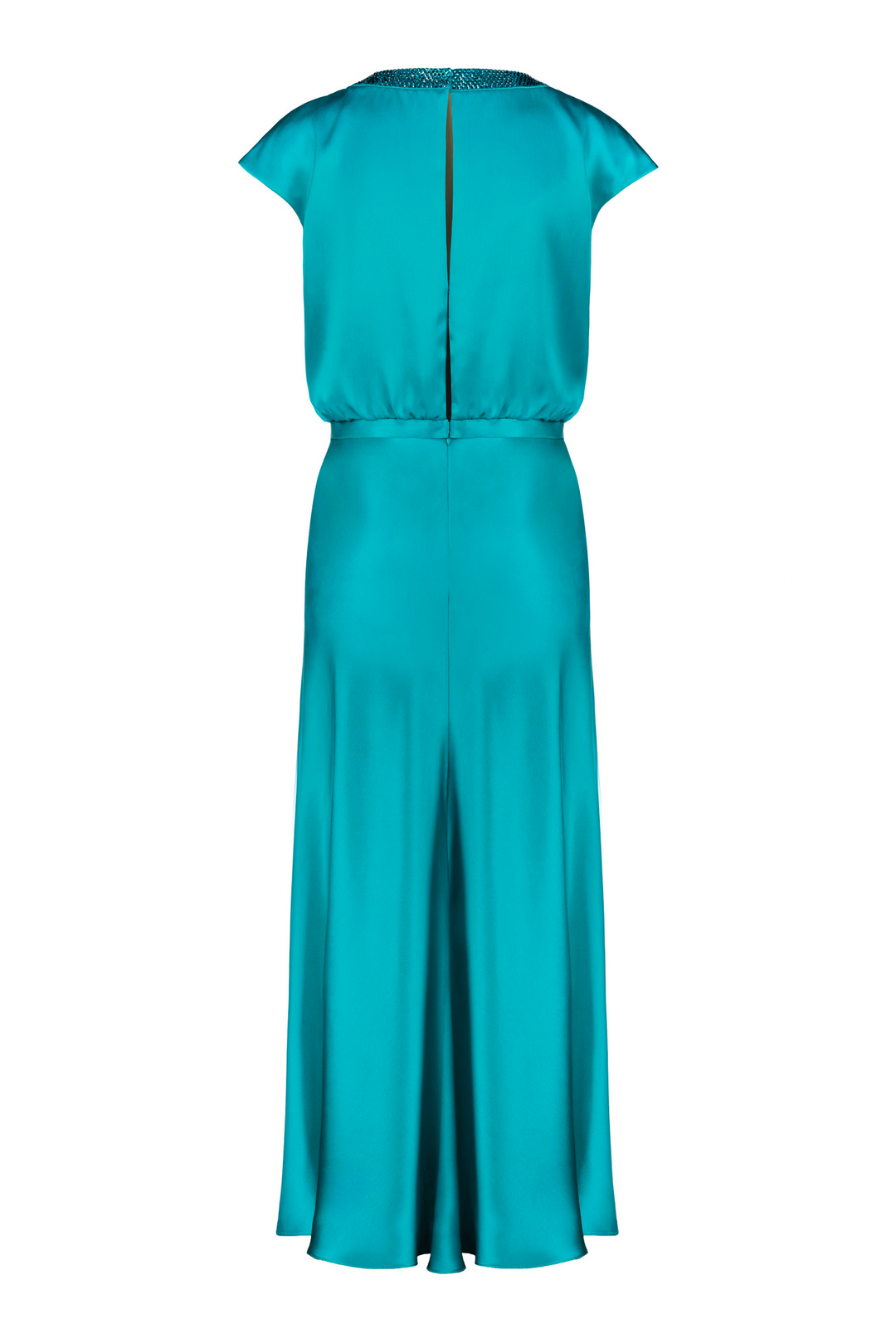 CLUSIA TEAL SILK SATIN MIDI DRESS WITH CRYSTAL EMBELLISHED NECKLINE