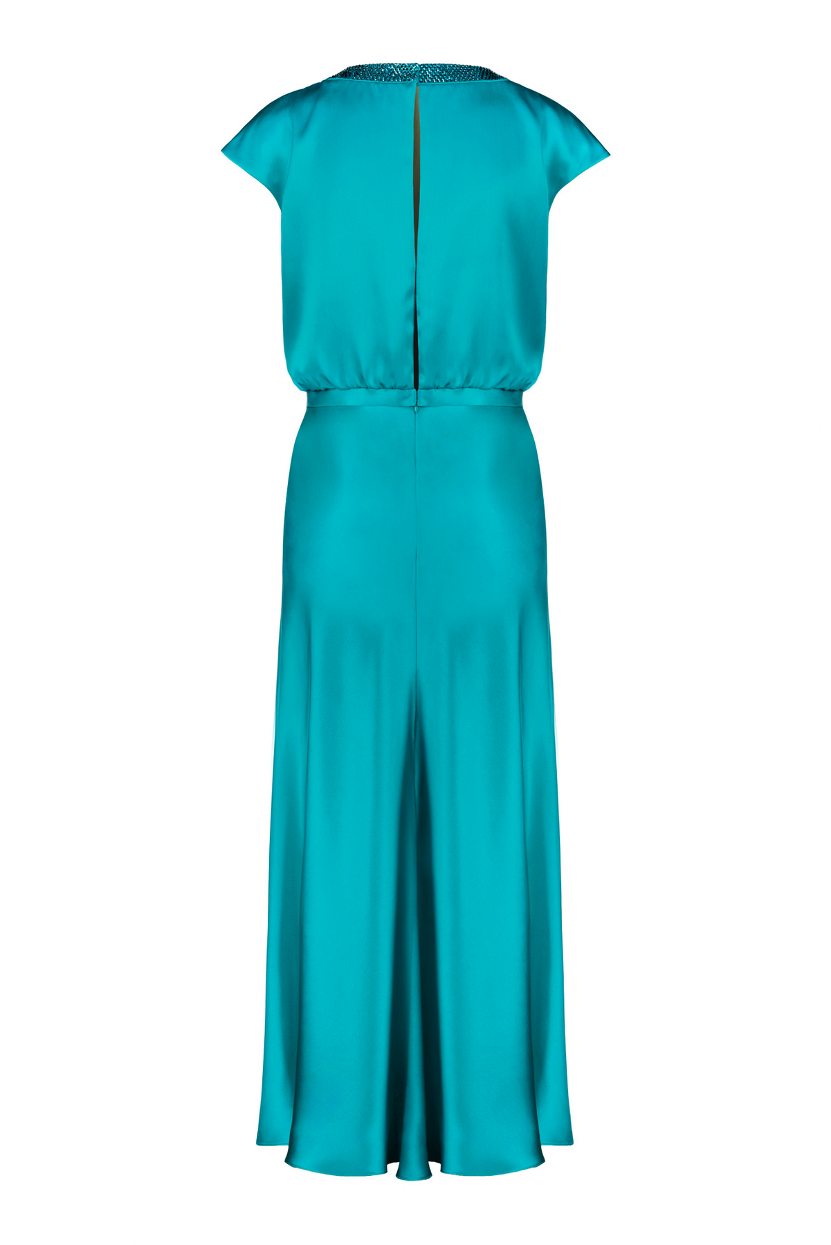 CLUSIA TEAL SILK SATIN MIDI DRESS WITH CRYSTAL EMBELLISHED NECKLINE Marimo Fashion CLUSIA TEAL SILK SATIN MIDI DRESS WITH CRYSTAL EMBELLISHED NECKLINE Marimo Fashion