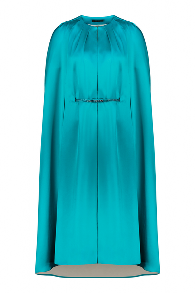 ALLAMANDA TEAL SILK SATIN CAPE DRESS WITH CRYSTAL BELT