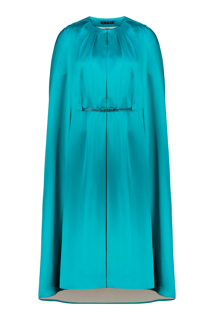 ALLAMANDA TEAL SILK SATIN CAPE DRESS WITH CRYSTAL BELT