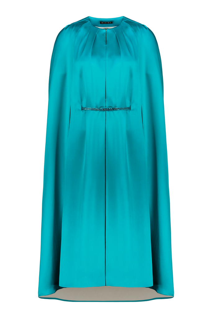 ALLAMANDA TEAL SILK SATIN CAPE DRESS WITH CRYSTAL BELT