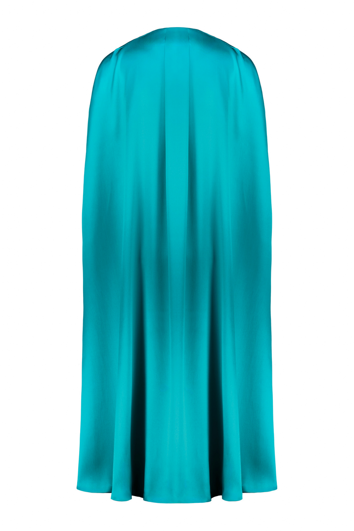 ALLAMANDA TEAL SILK SATIN CAPE DRESS WITH CRYSTAL BELT