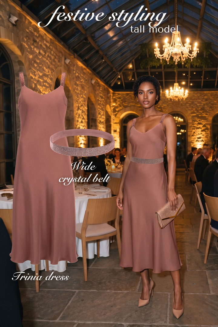 TRINIA ROSE BROWN SILK SLIP DRESS WITH CRYSTAL EMBROIDERY