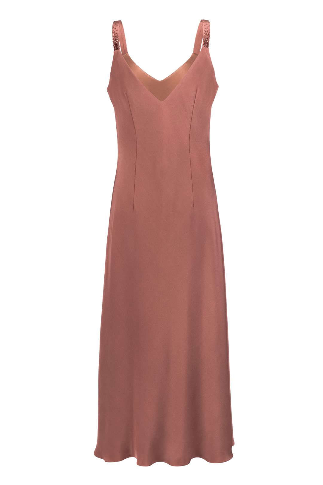 TRINIA ROSE BROWN SILK SLIP DRESS WITH CRYSTAL EMBROIDERY