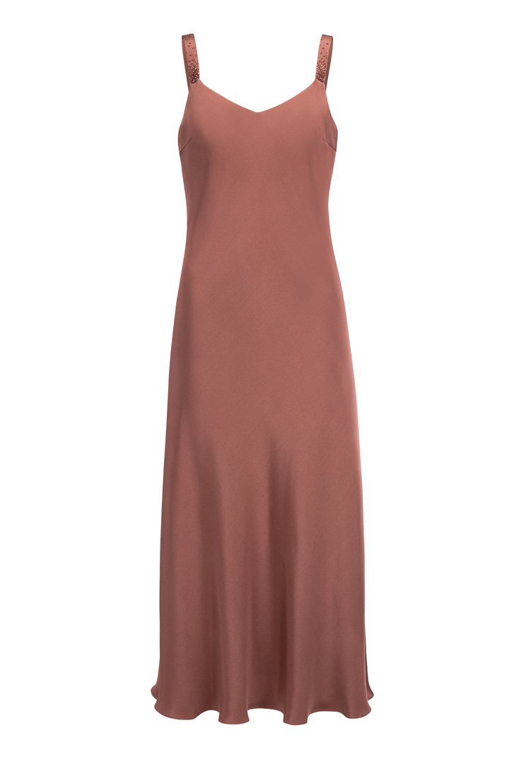 TRINIA ROSE BROWN SILK SLIP DRESS WITH CRYSTAL EMBROIDERY