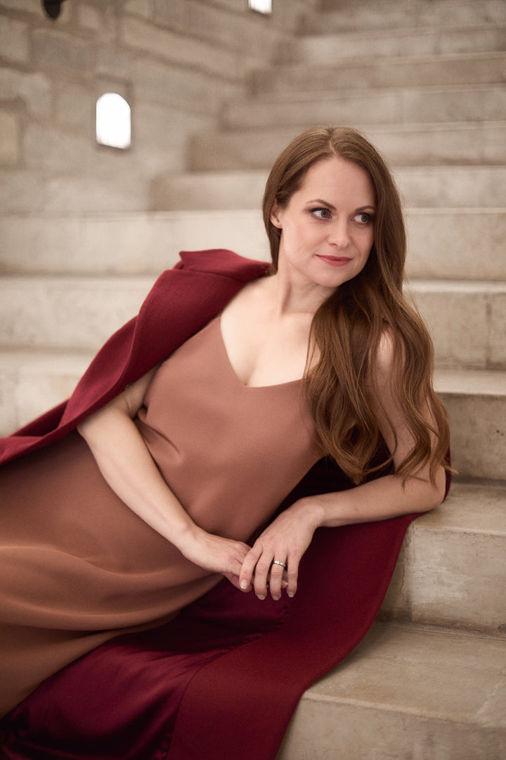 TRINIA ROSE BROWN SILK SLIP DRESS WITH CRYSTAL EMBROIDERY
