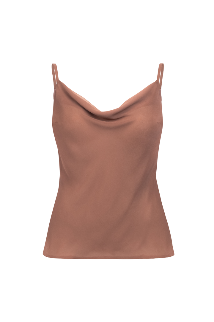 ACACIA ROSE BROWN COWL NECK SILK TOP
