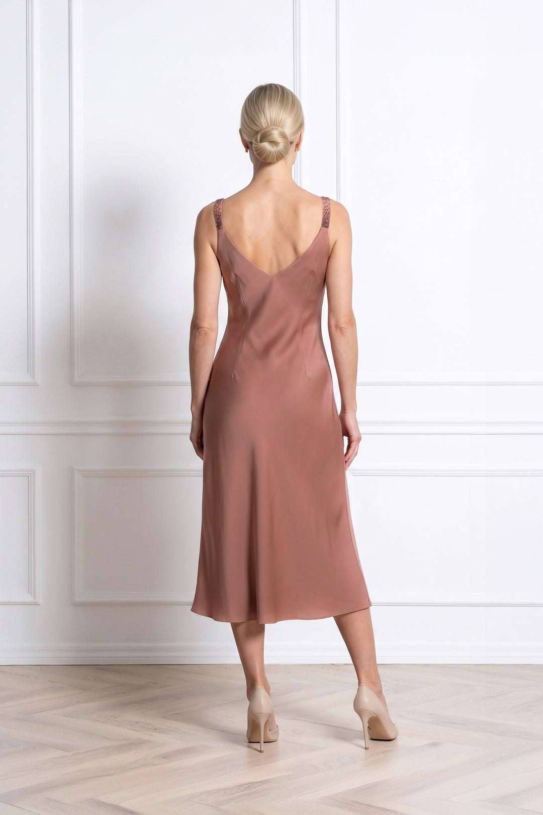 TRINIA ROSE BROWN SILK SLIP DRESS WITH CRYSTAL EMBROIDERY