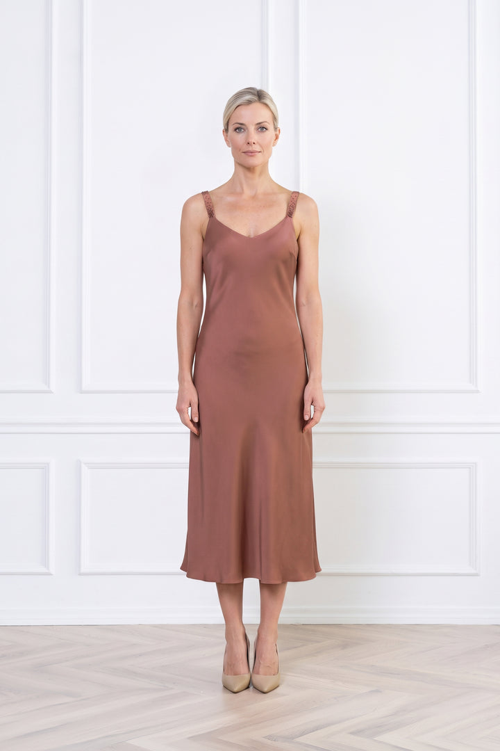 TRINIA ROSE BROWN SILK SLIP DRESS WITH CRYSTAL EMBROIDERY