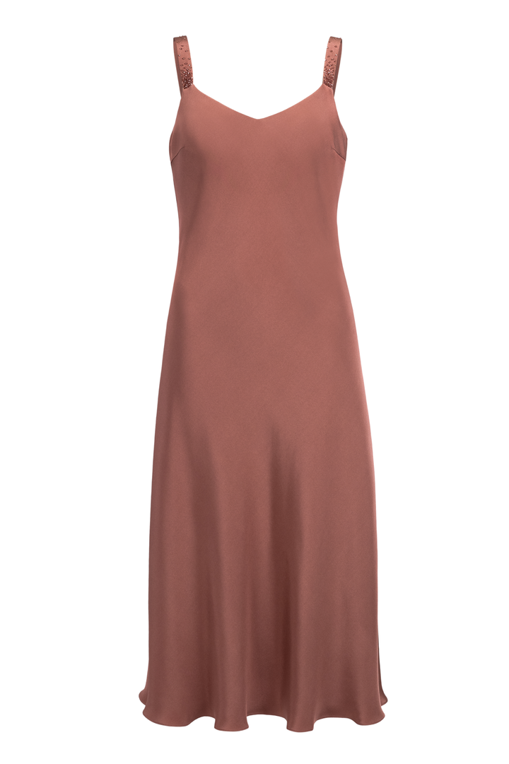 TRINIA ROSE BROWN SILK SLIP DRESS WITH CRYSTAL EMBROIDERY
