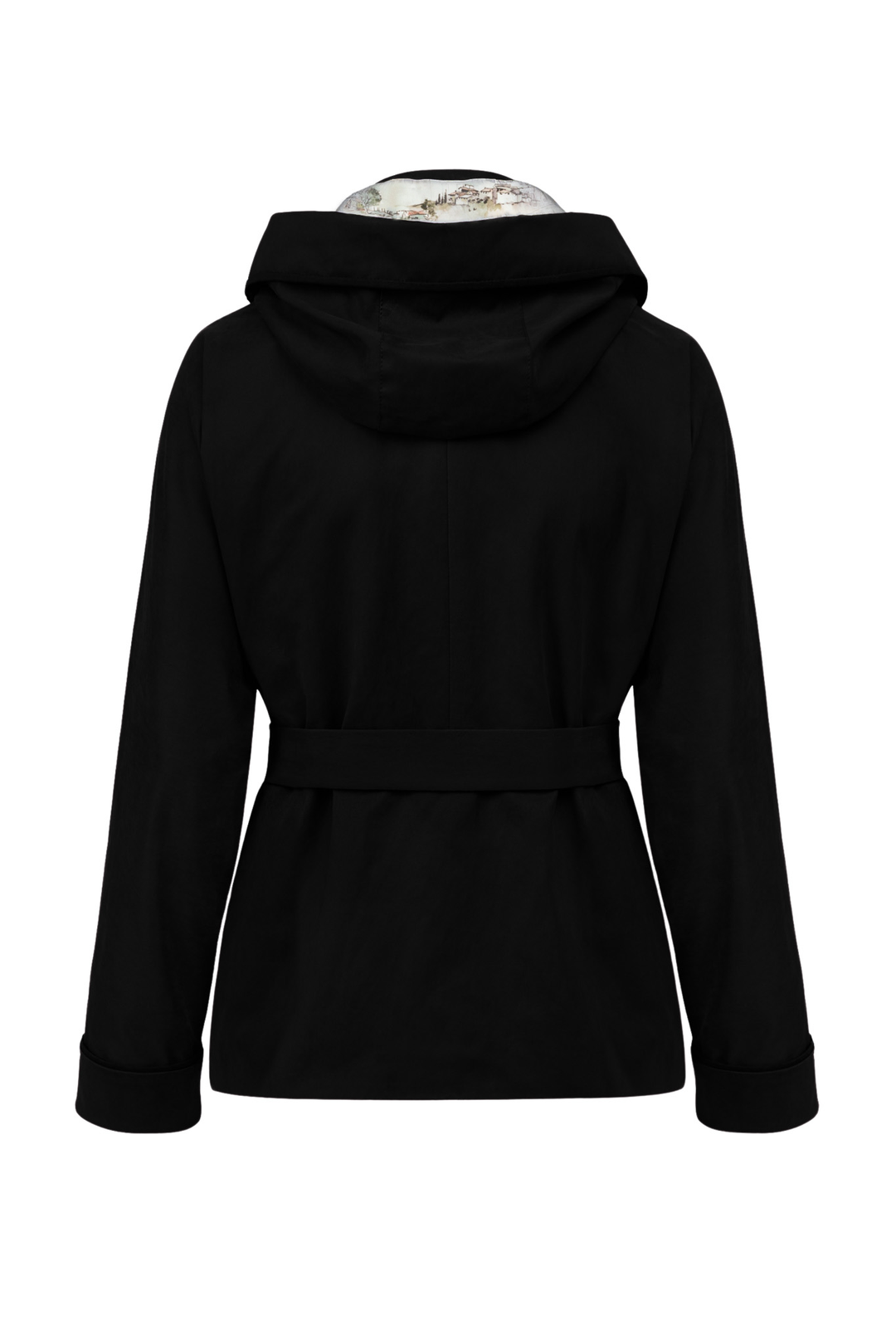 Black hooded jacket with a matching waist belt, shown from the back on a white background.