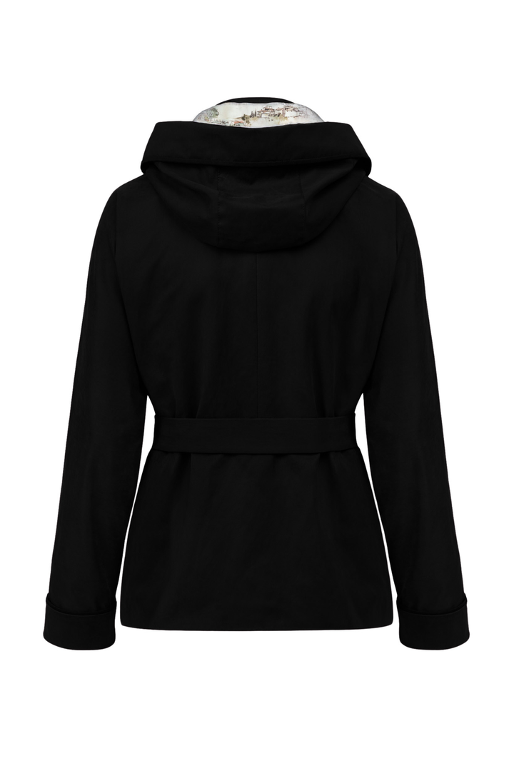 Black hooded jacket with a matching waist belt, shown from the back on a white background.