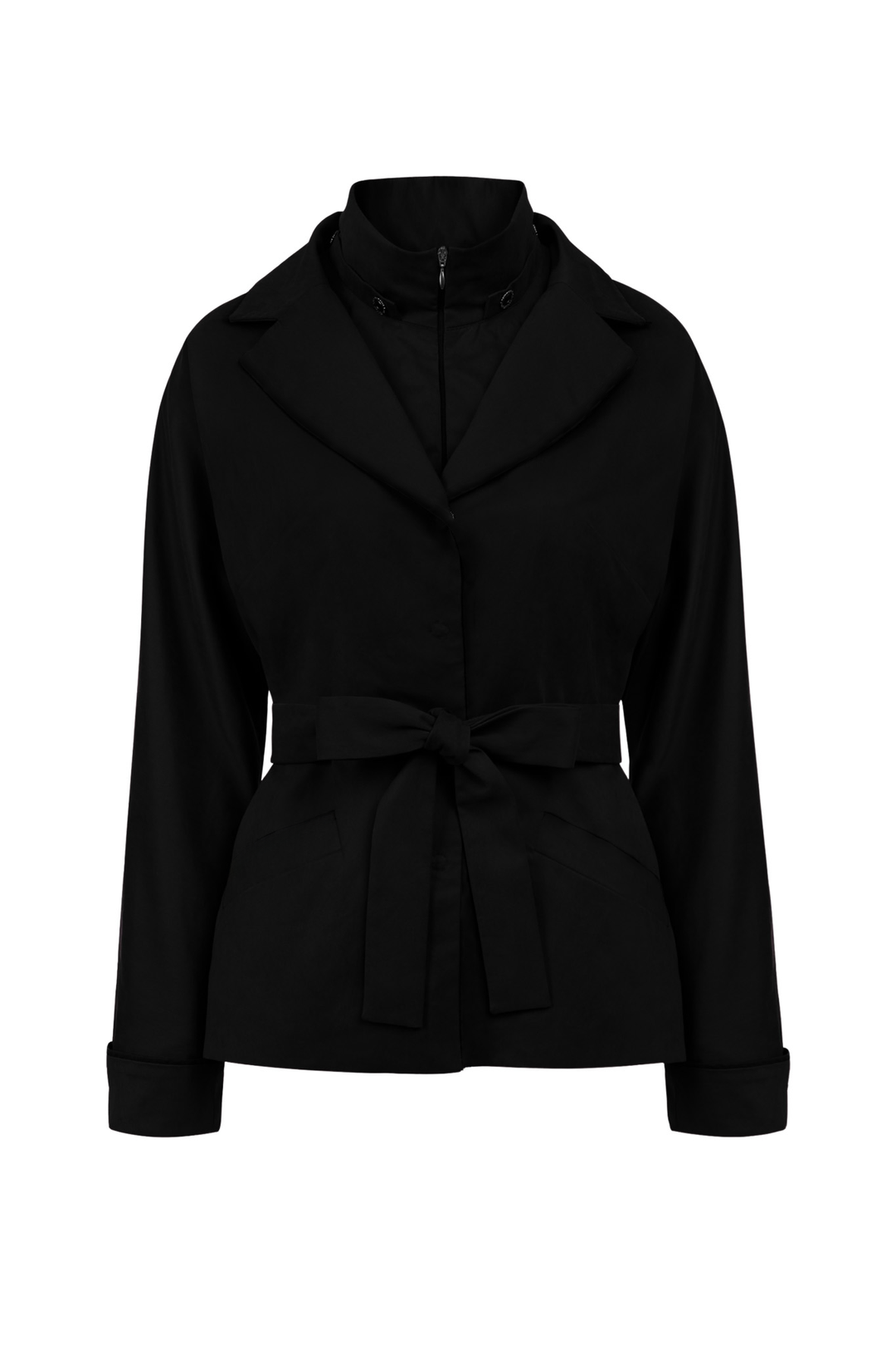 Black trench jacket with collar on a white background
