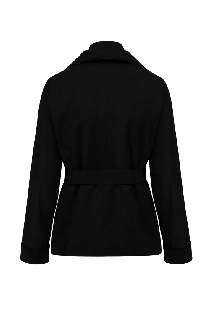 A black long-sleeve belted coat or jacket shown from the back, displayed on a clean white background.