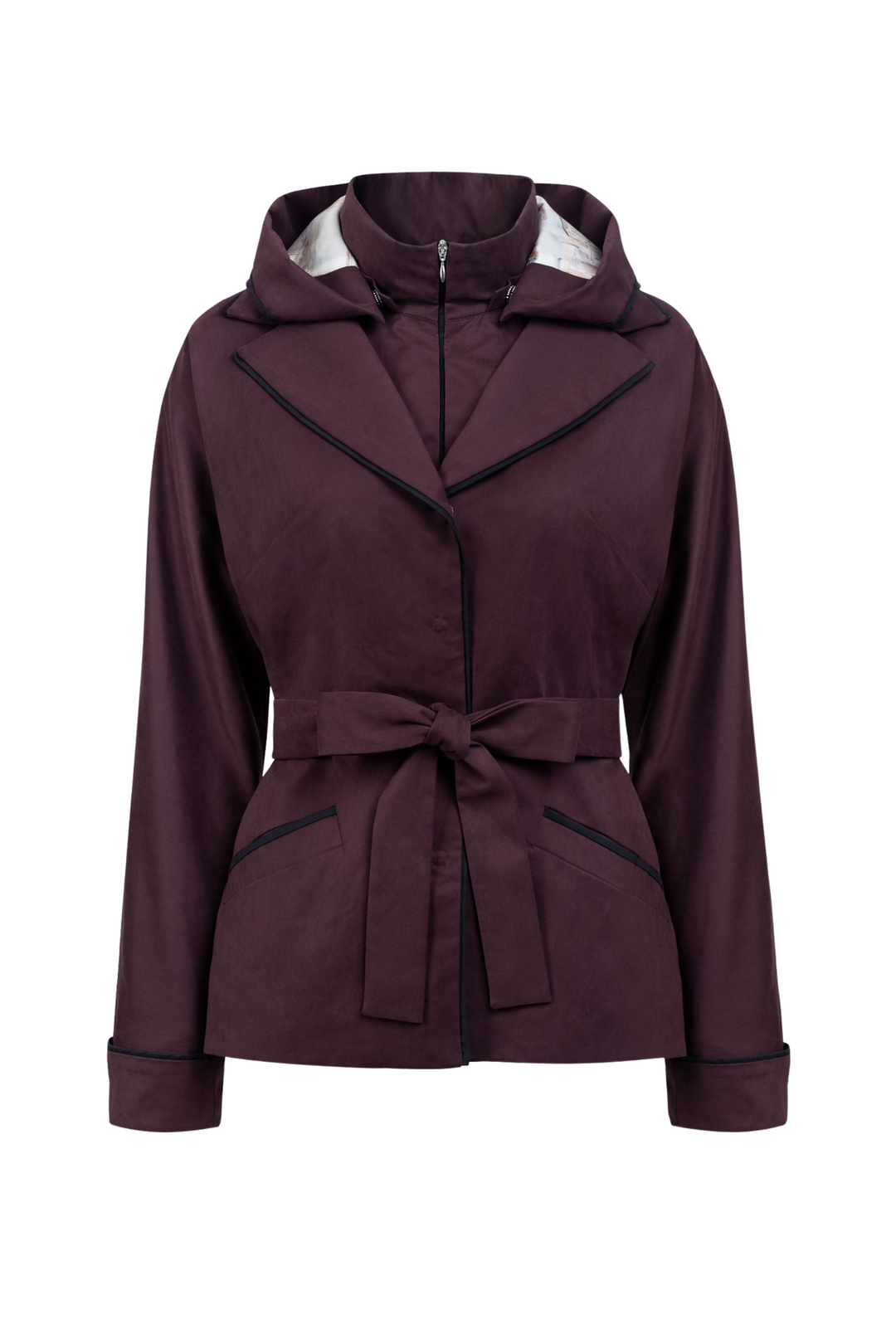 A dark plum purple hooded jacket with a matching waist tie belt, featuring black piping details and a silver zipper, shown on a plain white background.