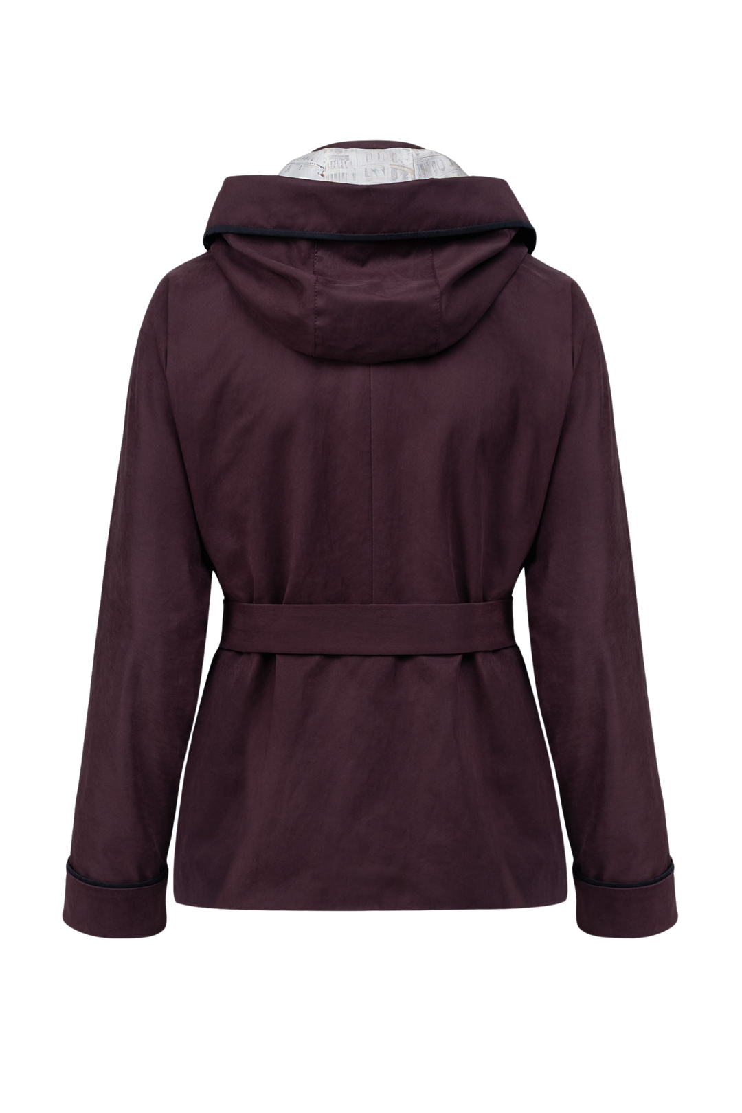 A dark plum purple hooded jacket with a matching waist belt, shown from the back against a plain white background.