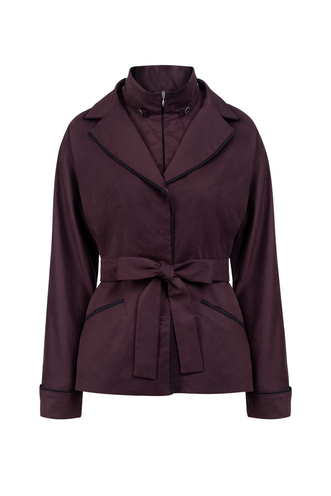 A dark plum purple belted jacket with black trim details, shown on a plain white background.