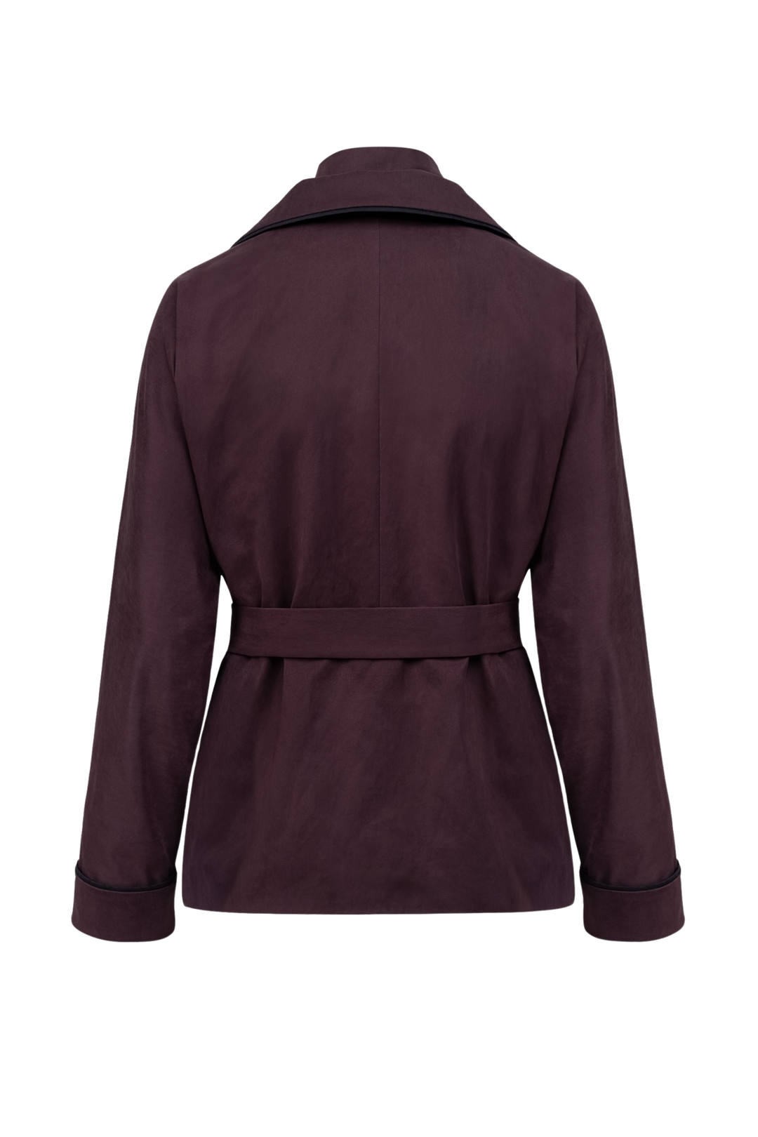 A dark plum purple belted jacket shown from the back, featuring a collar and long sleeves with rolled cuffs, set against a plain white background.