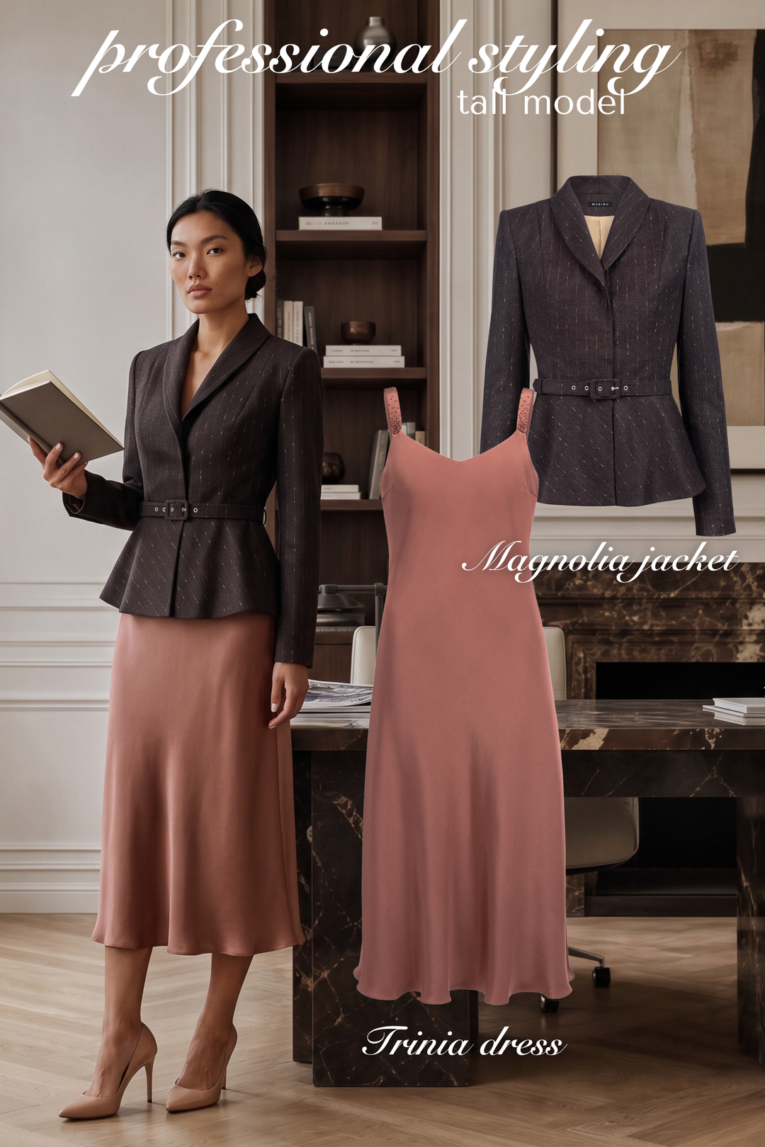 MAGNOLIA CHOCOLATE BROWN PINSTRIPE WOOL PEPLUM JACKET WITH BELT