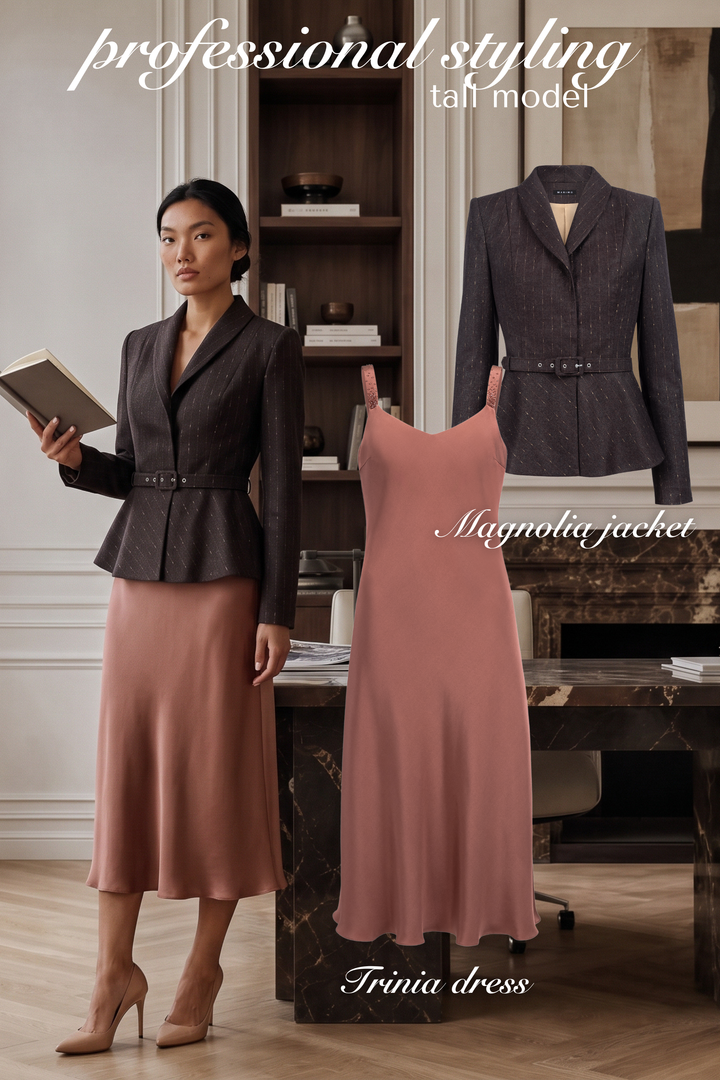 MAGNOLIA CHOCOLATE BROWN PINSTRIPE WOOL PEPLUM JACKET WITH BELT