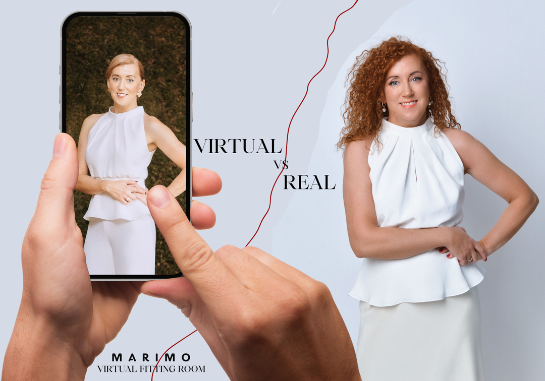 


Woman in a white outfit with a smartphone showing a virtual try-on feature, labeled 'Virtual vs Real' by Marimo, comparing to the real fit.
