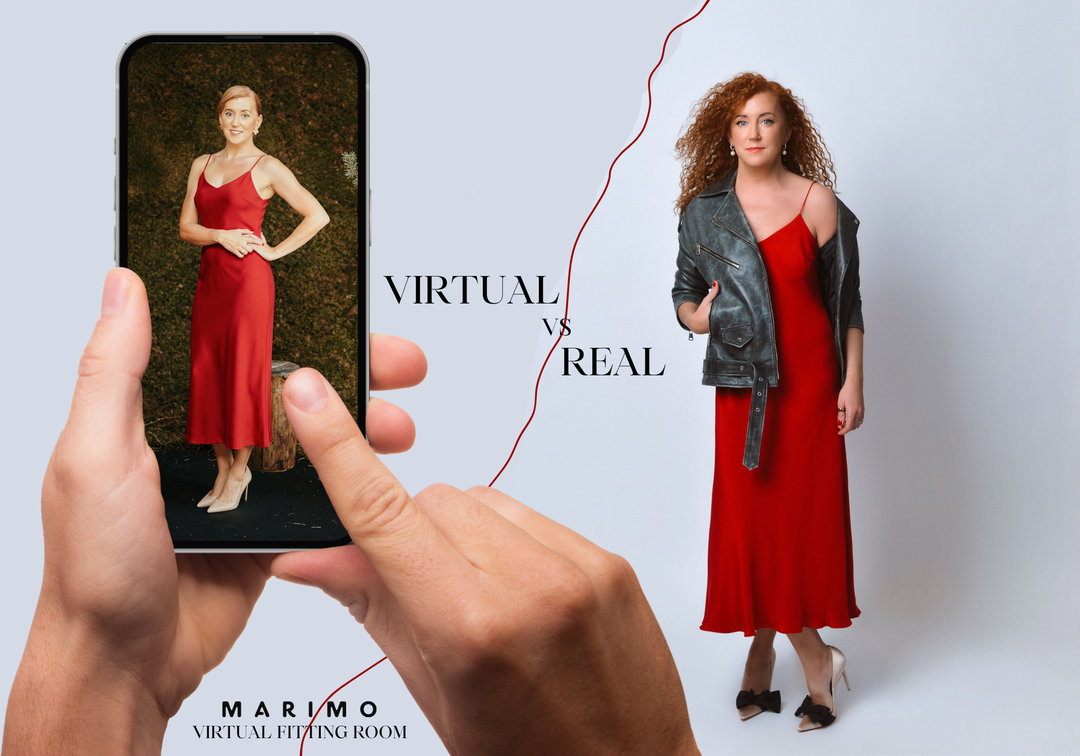 Woman in a red dress with a smartphone showing a virtual try-on app, comparing virtual vs real fitting.