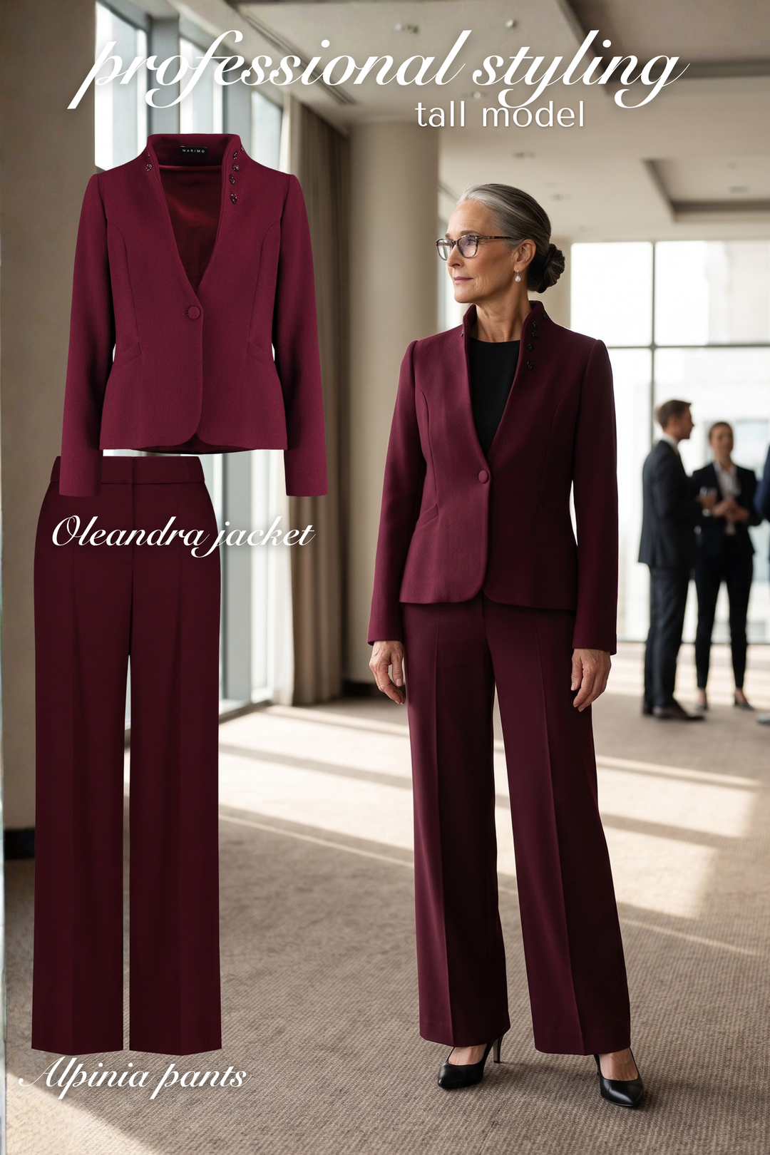 A woman models a tailored burgundy blazer and matching wide-leg trousers in a bright office interior, while a separate cutout of the blazer and pants appears on the left with overlaid text reading 'professional styling tall model,' 'Oleandra jacket,' and 'Alpinia pants.'.