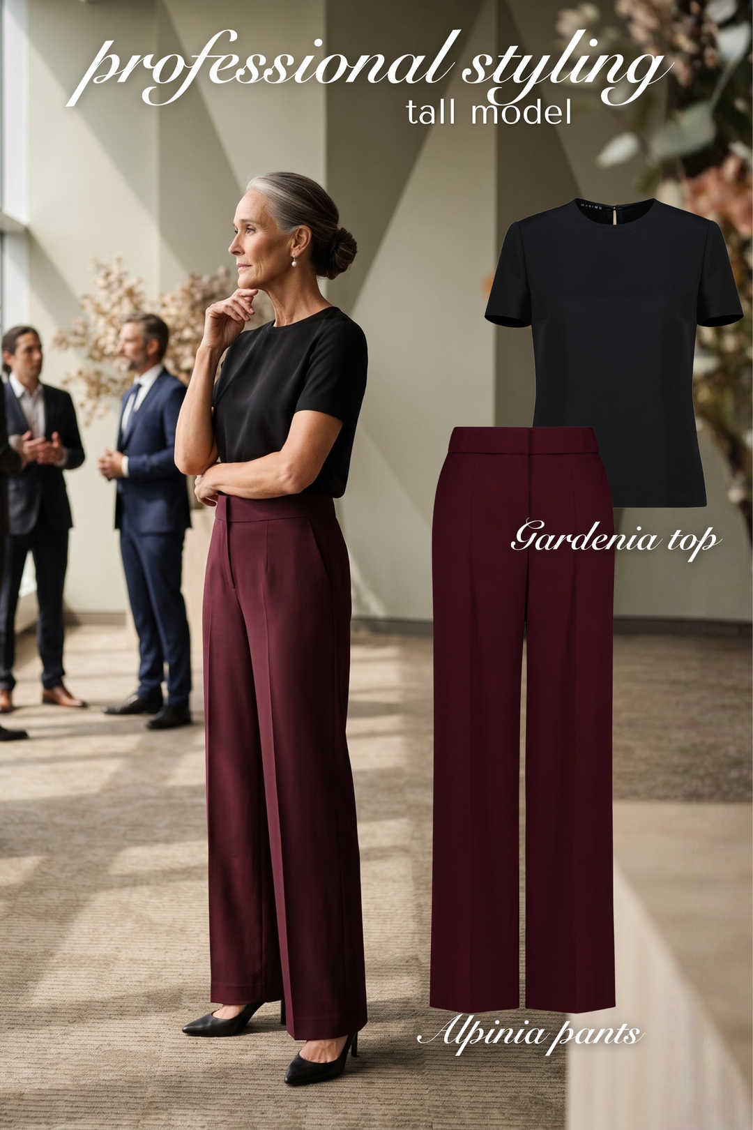 A tall model is shown wearing a black short-sleeve top and burgundy wide-leg trousers in an indoor event setting. To the right, the same outfit is displayed as a product composite with the text 'Gardenia top' and 'Alpinia pants.