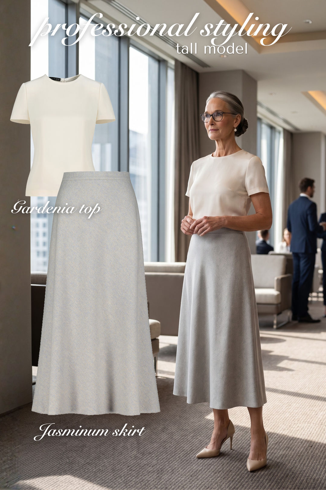 A woman stands in a modern office wearing a cream short-sleeve top and a light gray wool midi skirt. An inset on the left shows the cream top and the light gray skirt separately with labels reading 'Gardenia top' and 'Jasminium skirt.