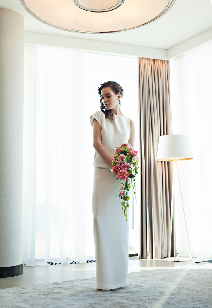 WEIGELA IVORY SILK ASYMMETRIC WEDDING GOWN