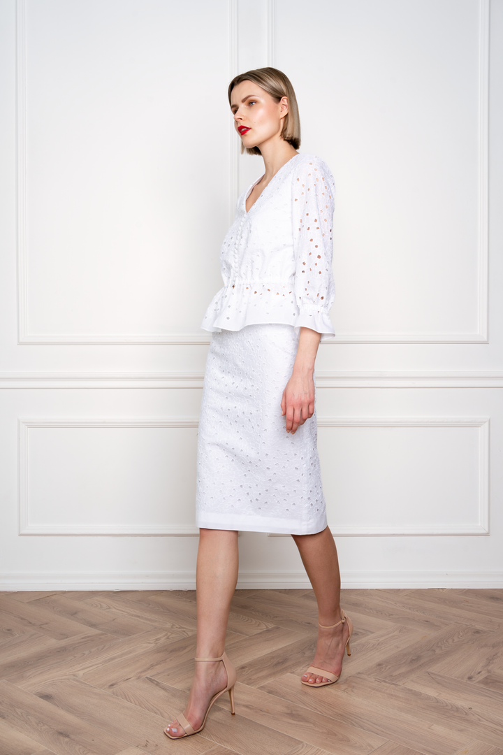 RUBIA WHITE FLORAL BRODERIE ANGLAISE COTTON-POPLIN PENCIL SKIRT