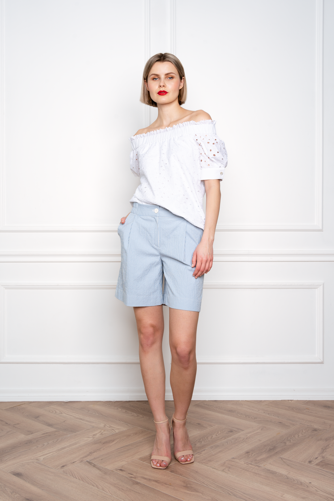 CENTELLA WHITE FLORAL BRODERIE ANGLAISE COTTON-POPLIN OFF-SHOULDER BLOUSE