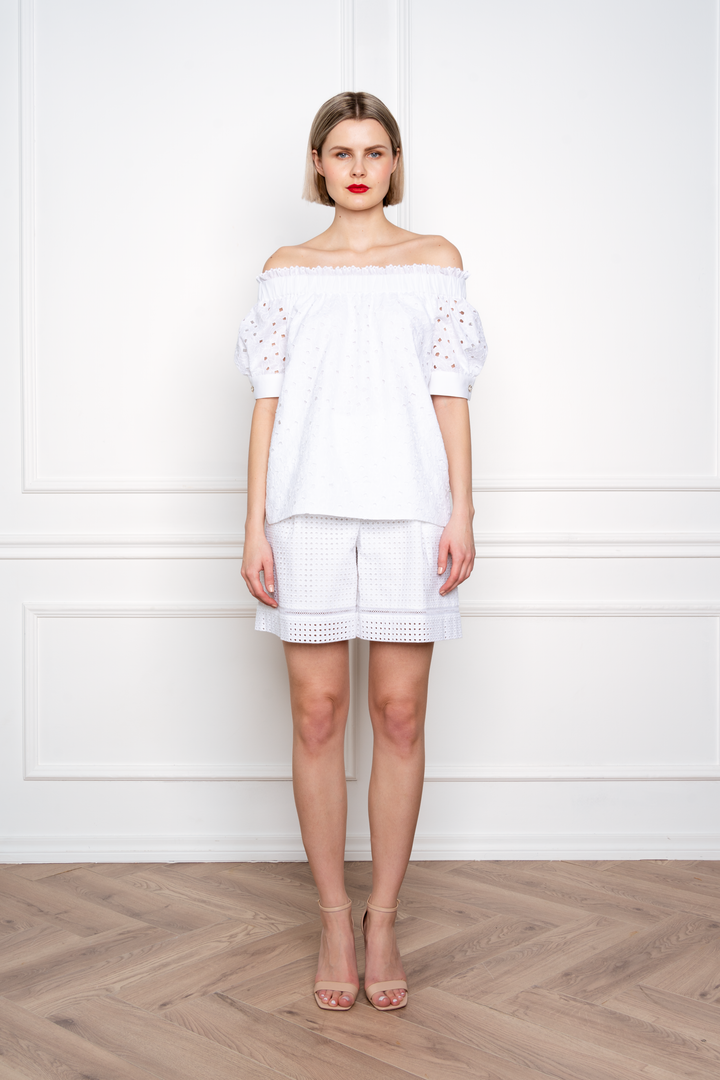 CENTELLA WHITE FLORAL BRODERIE ANGLAISE COTTON-POPLIN OFF-SHOULDER BLOUSE