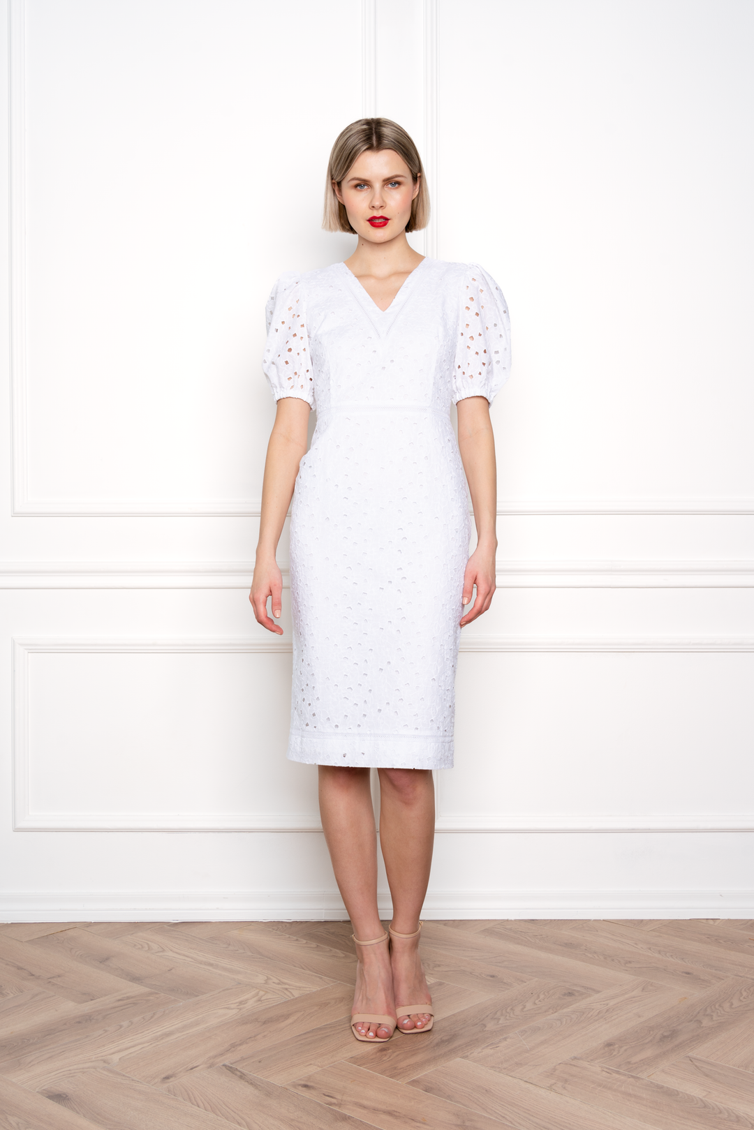 AFZELIA WHITE FLORAL BRODERIE ANGLAISE COTTON-POPLIN PENCIL DRESS