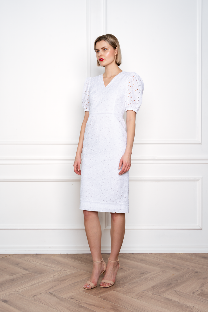 AFZELIA WHITE FLORAL BRODERIE ANGLAISE COTTON-POPLIN PENCIL DRESS