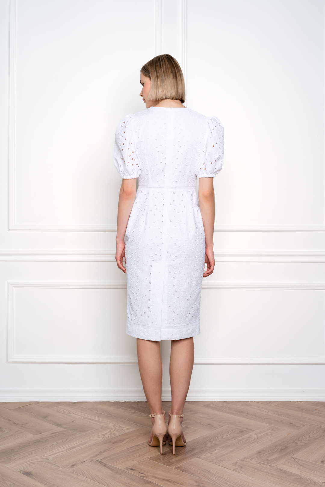 AFZELIA WHITE FLORAL BRODERIE ANGLAISE COTTON-POPLIN PENCIL DRESS