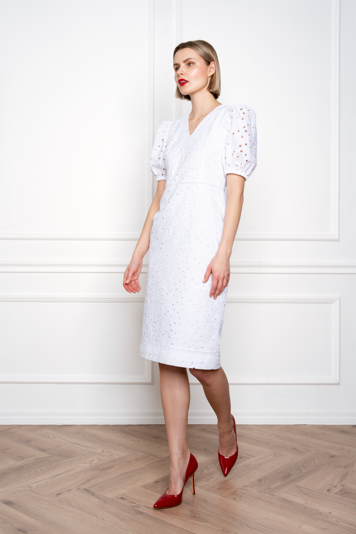 AFZELIA WHITE FLORAL BRODERIE ANGLAISE COTTON-POPLIN PENCIL DRESS