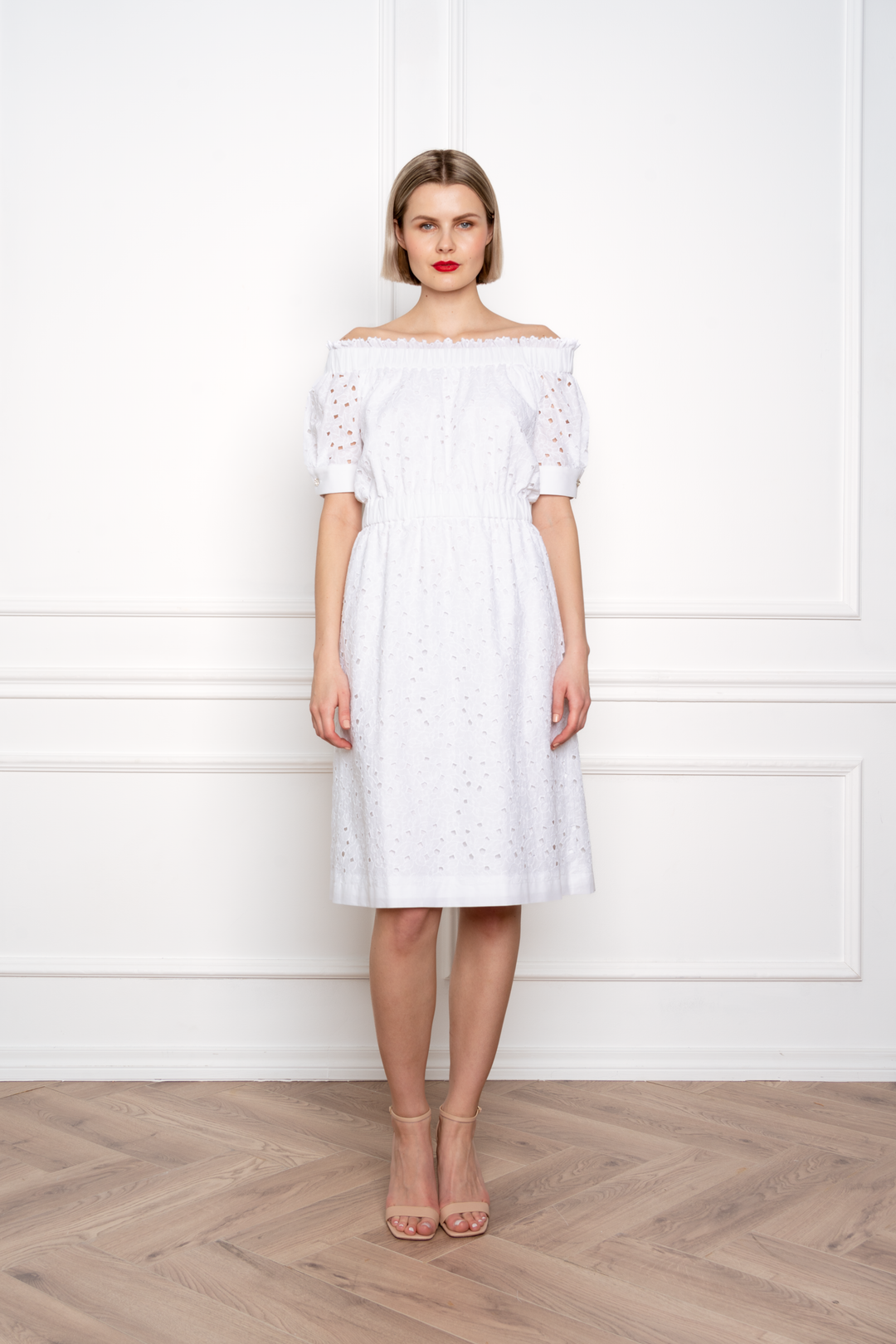 CENTELLA WHITE FLORAL BRODERIE ANGLAISE COTTON-POPLIN OFF-THE-SHOULDER DRESS